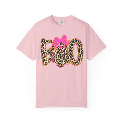 Leopard Print 'BOO' Halloween T-Shirt with Pink Bow