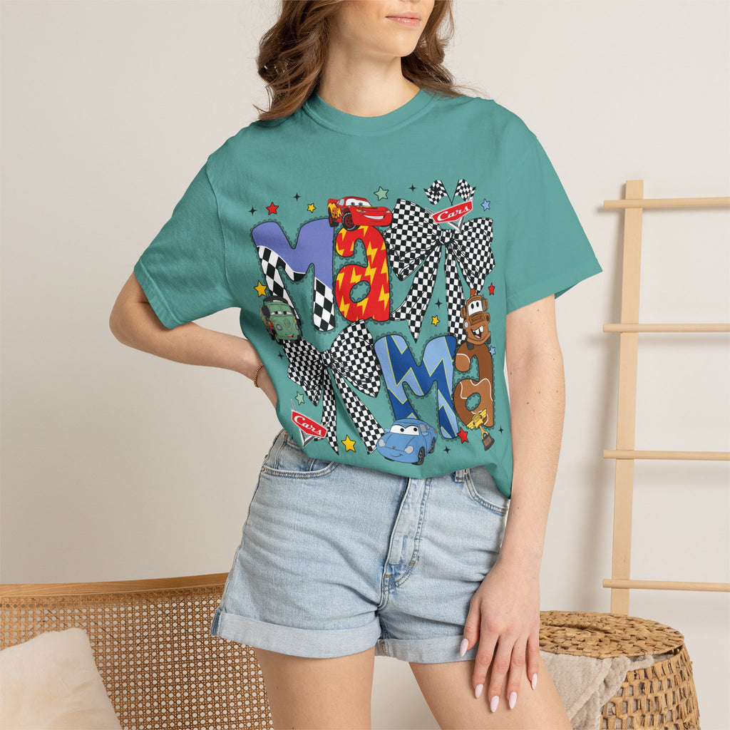 Graphic Tee — Playful 'MAMA' Cartoon Letter Shirt with Checkerboard Bows