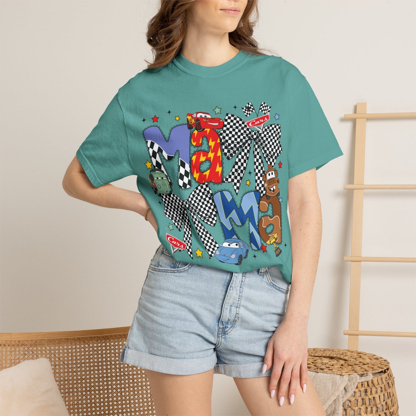 Graphic Tee — Playful 'MAMA' Cartoon Letter Shirt with Checkerboard Bows