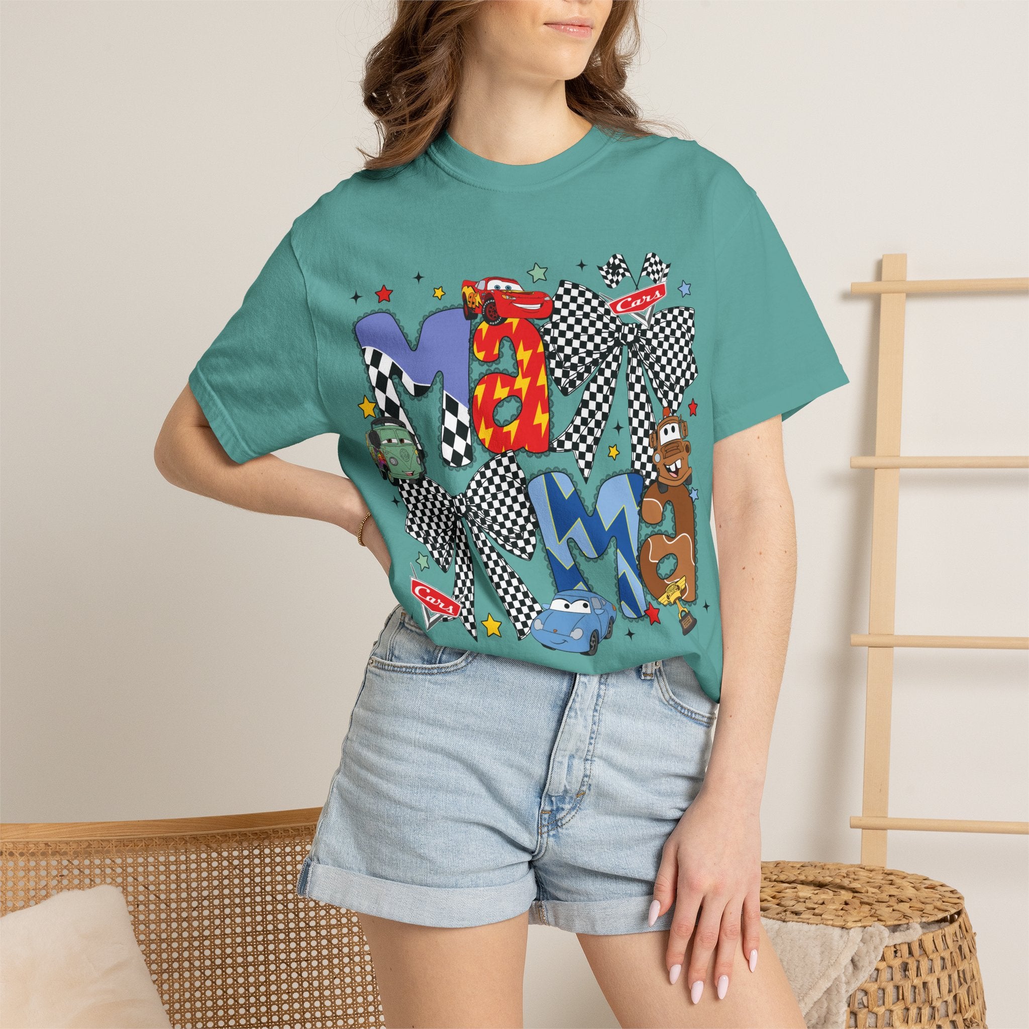 Graphic Tee — Playful 'MAMA' Cartoon Letter Shirt with Checkerboard Bows