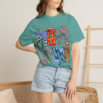 Graphic Tee — Playful 'MAMA' Cartoon Letter Shirt with Checkerboard Bows
