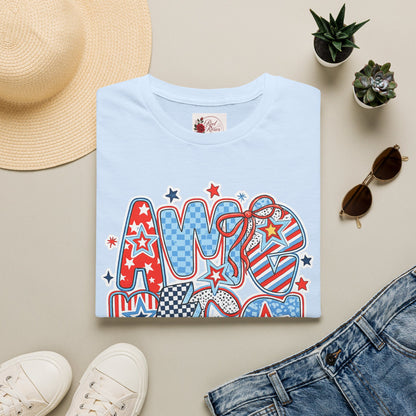 Patriotic AMERICA Graphic T-Shirt — Red White Blue Stars & Stripes Tee