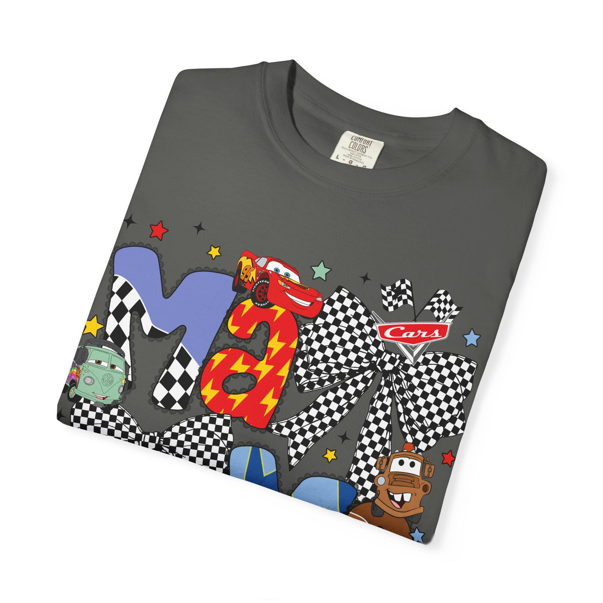Graphic Tee — Playful 'MAMA' Cartoon Letter Shirt with Checkerboard Bows