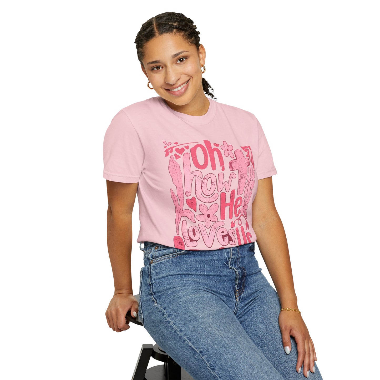 Oh How He Loves Us T-Shirt — Pink Floral Christian Tee (Ephesians 2:4-8)
