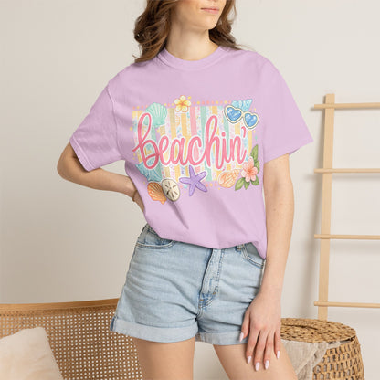Beachin' T-Shirt — Tropical Summer Graphic Tee with Seashells & Sunglasses