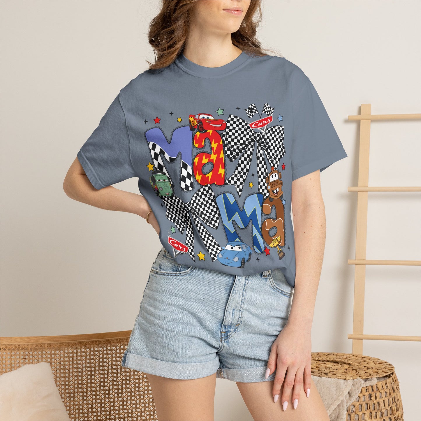 Graphic Tee — Playful 'MAMA' Cartoon Letter Shirt with Checkerboard Bows
