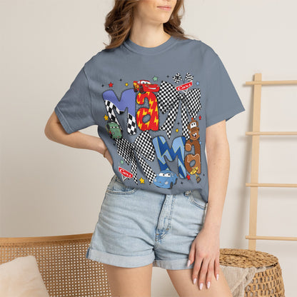 Graphic Tee — Playful 'MAMA' Cartoon Letter Shirt with Checkerboard Bows
