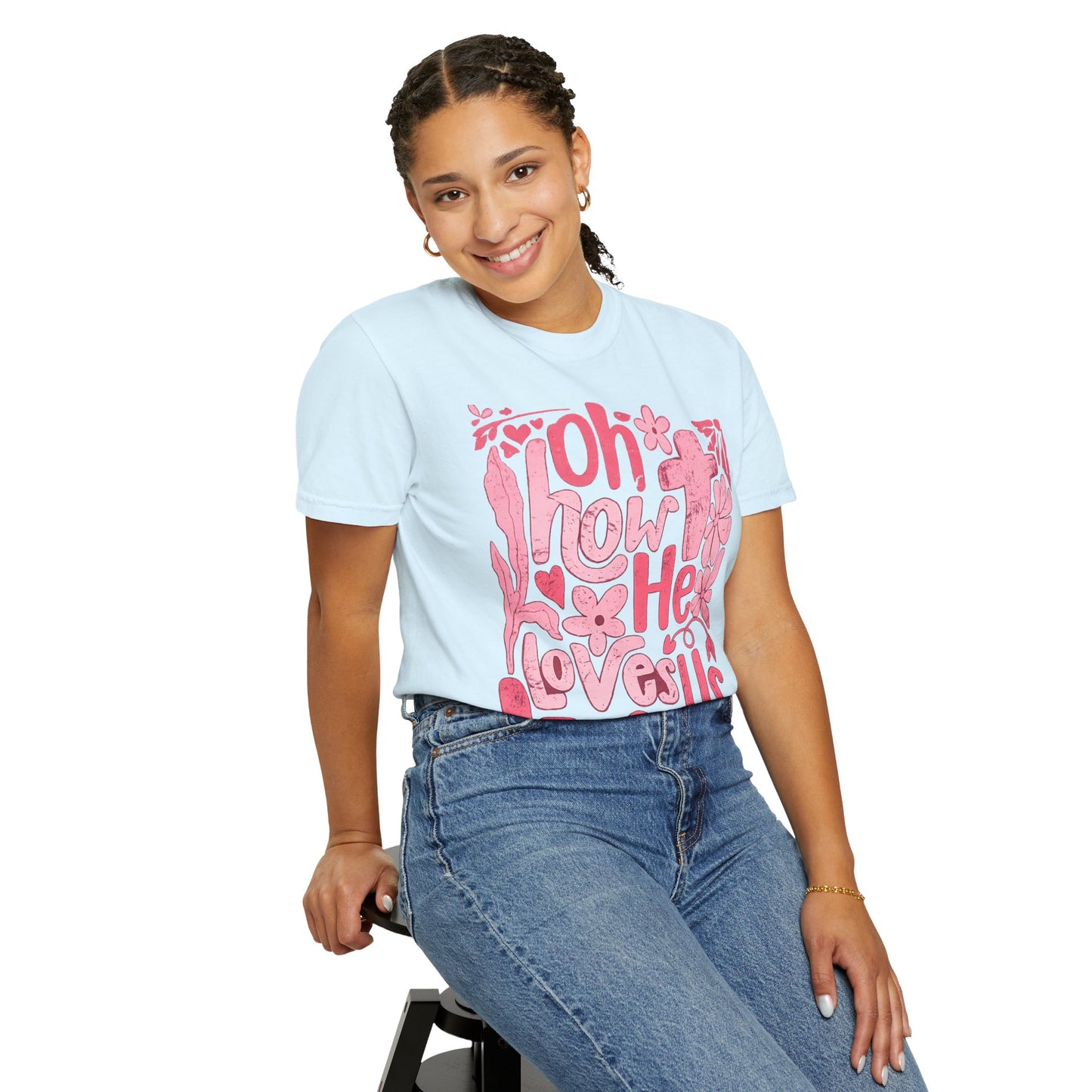 Oh How He Loves Us T-Shirt — Pink Floral Christian Tee (Ephesians 2:4-8)