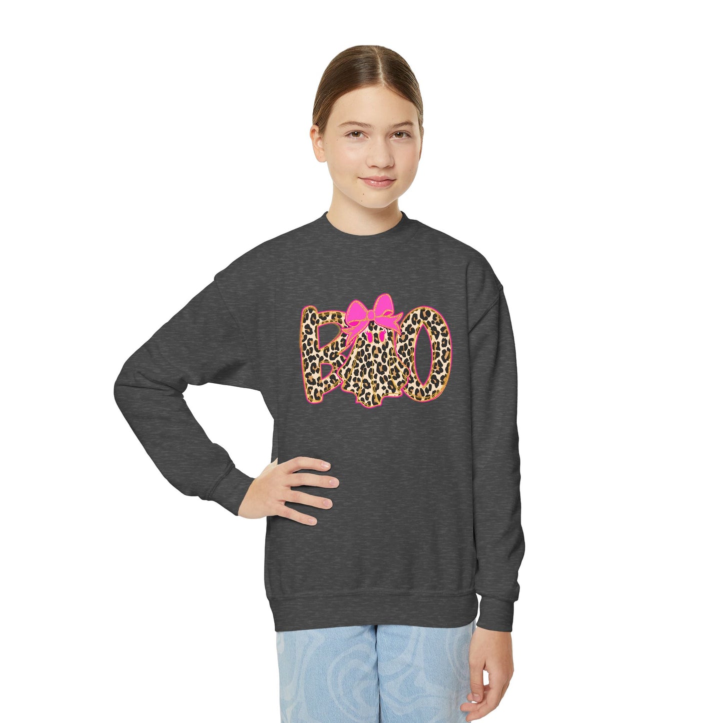 Leopard Print Mom Crewneck Sweatshirt with Pink Bow — Youth