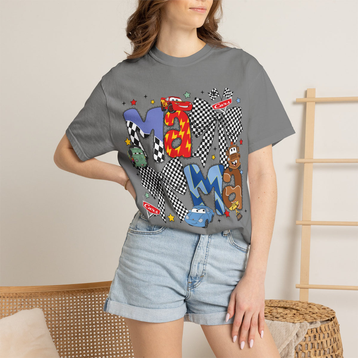 Graphic Tee — Playful 'MAMA' Cartoon Letter Shirt with Checkerboard Bows