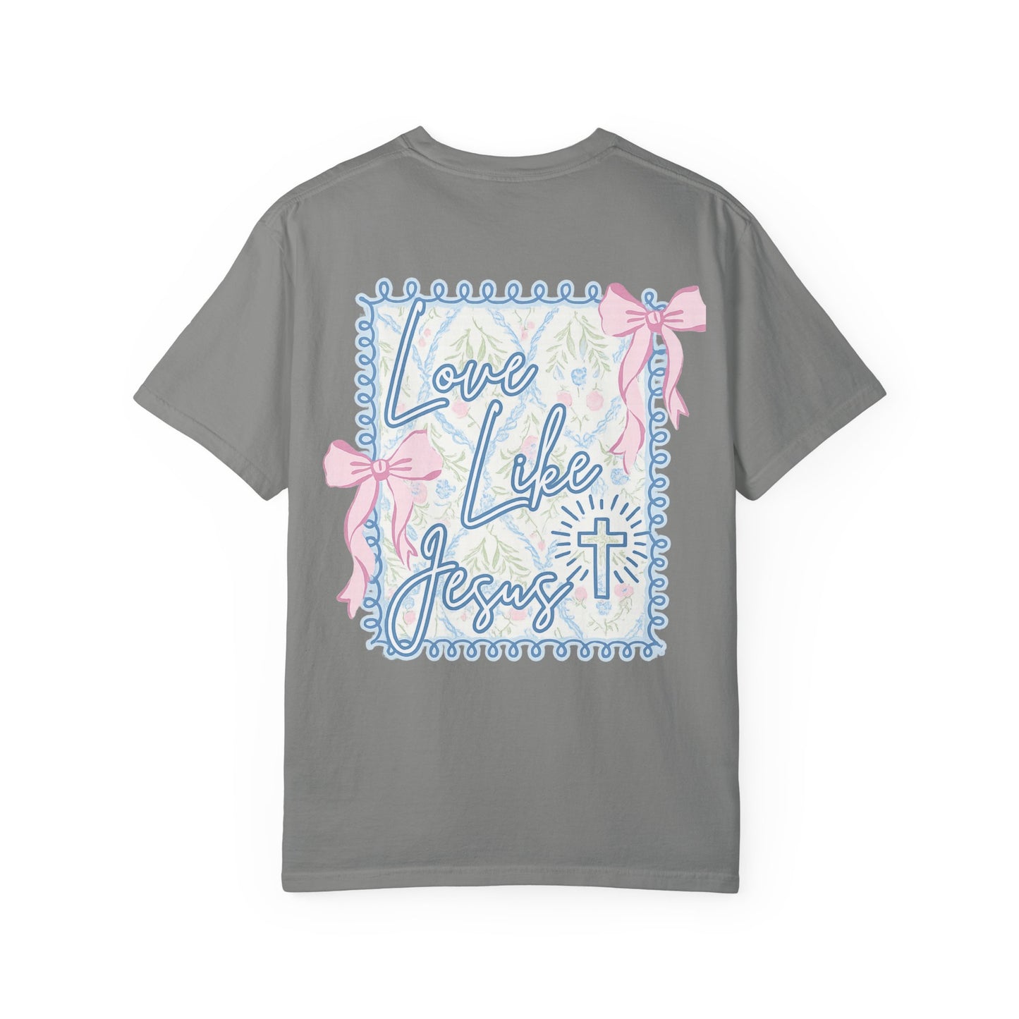 T-shirt — "Love Like Jesus" Pastel Cross & Bow Graphic