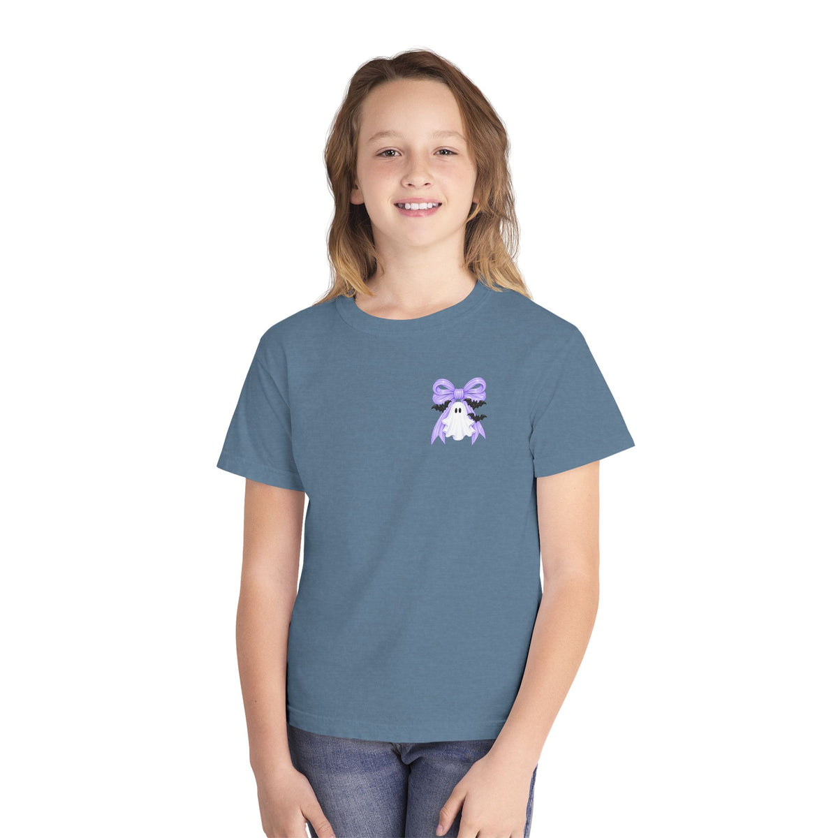 Youth Tee — "Spook Season" Ghost Wreath Halloween Shirt (Purple Bow)