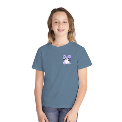 Youth Tee — "Spook Season" Ghost Wreath Halloween Shirt (Purple Bow)
