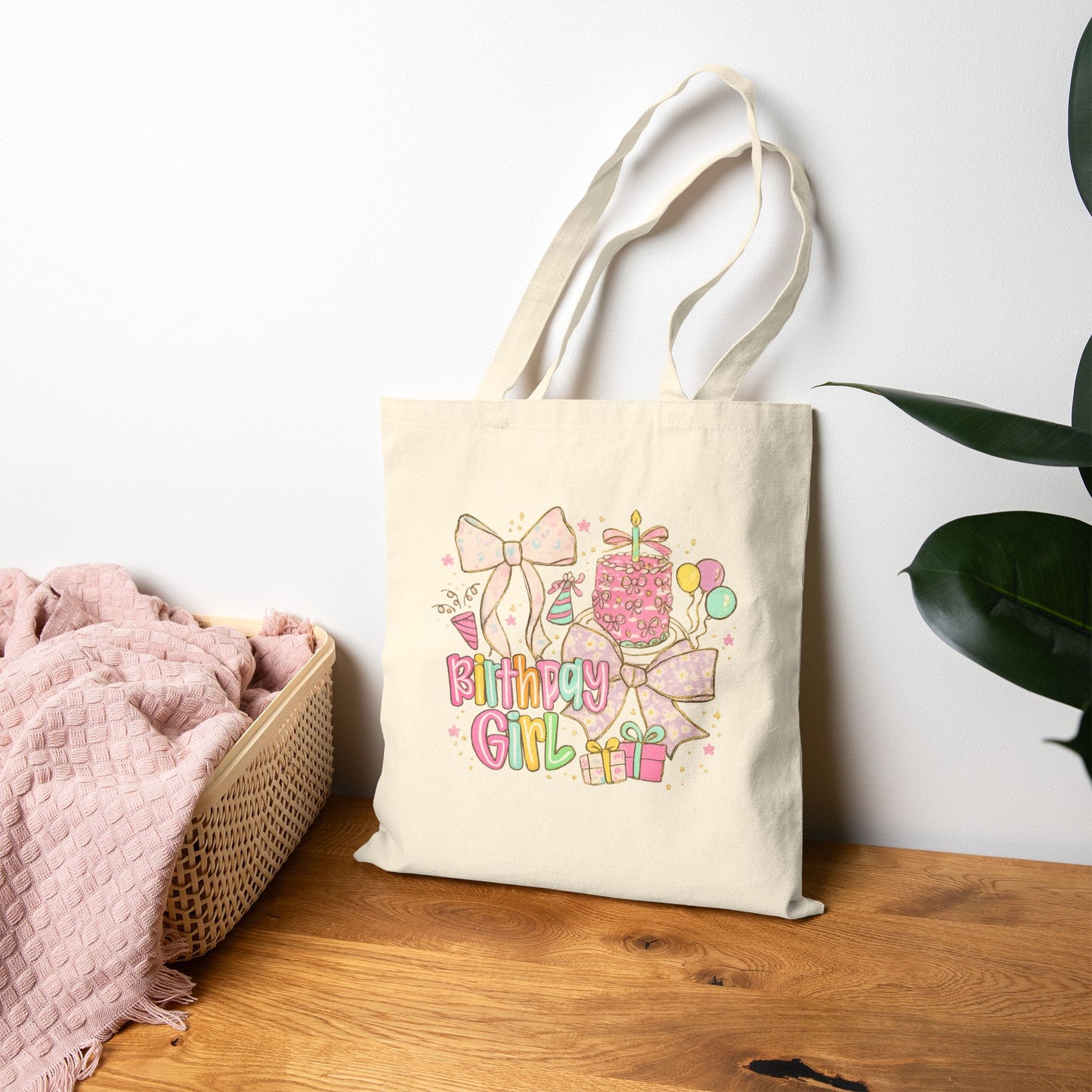 Birthday Girl Canvas Tote Bag – Cute Pastel Gifts & Balloons Design