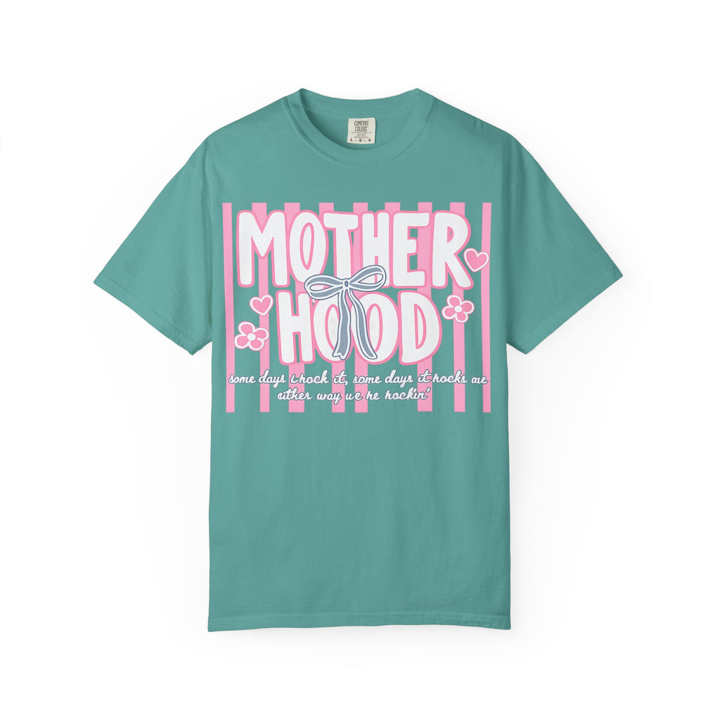 Motherhood Graphic T-Shirt — Pink Striped Mom Shirt ("MOTHERHOOD")