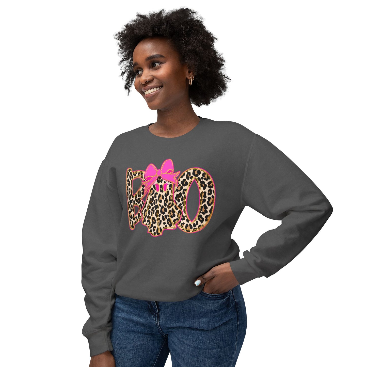 Leopard Print "Boo" Halloween Sweatshirt with Pink Bow