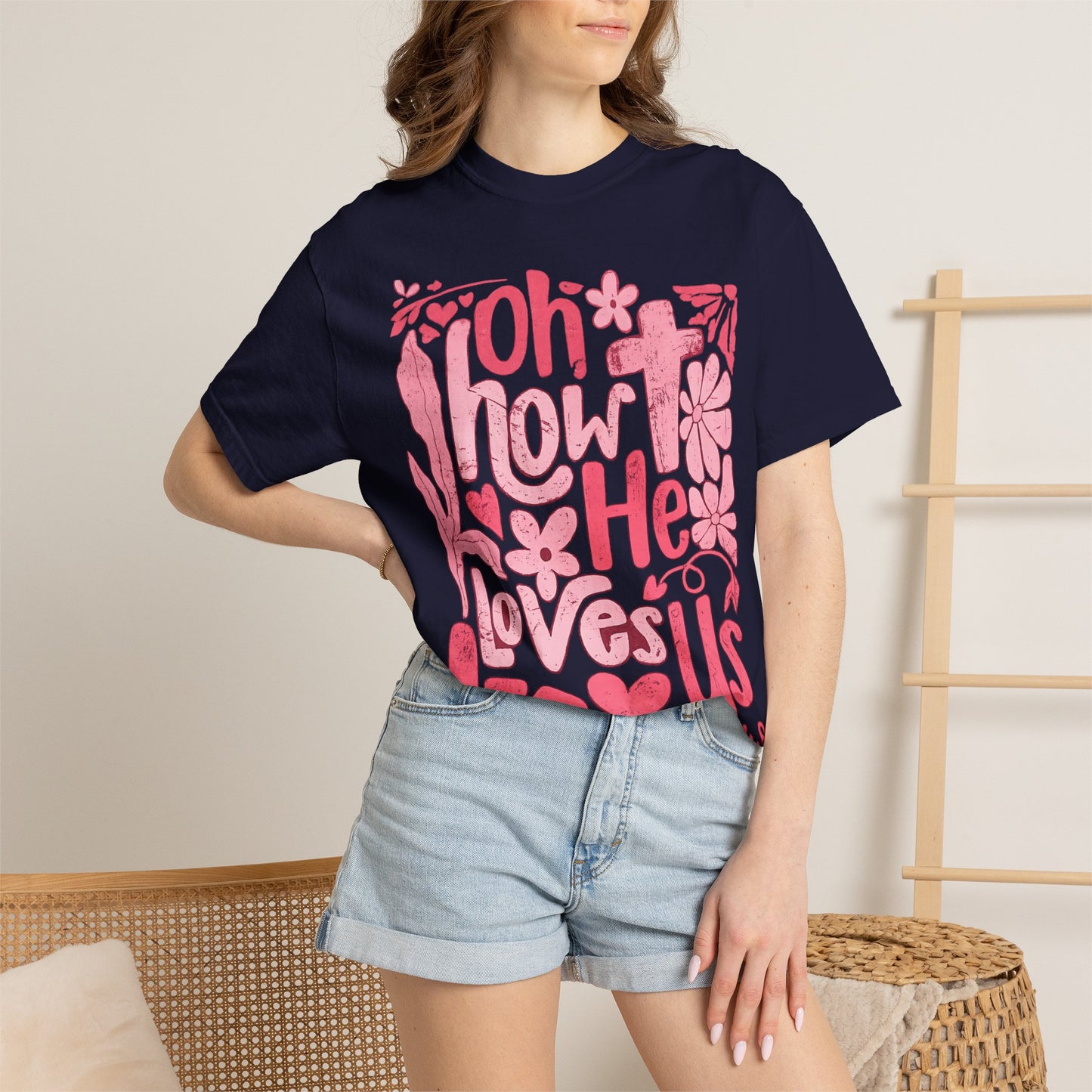 Oh How He Loves Us T-Shirt — Pink Floral Christian Tee (Ephesians 2:4-8)