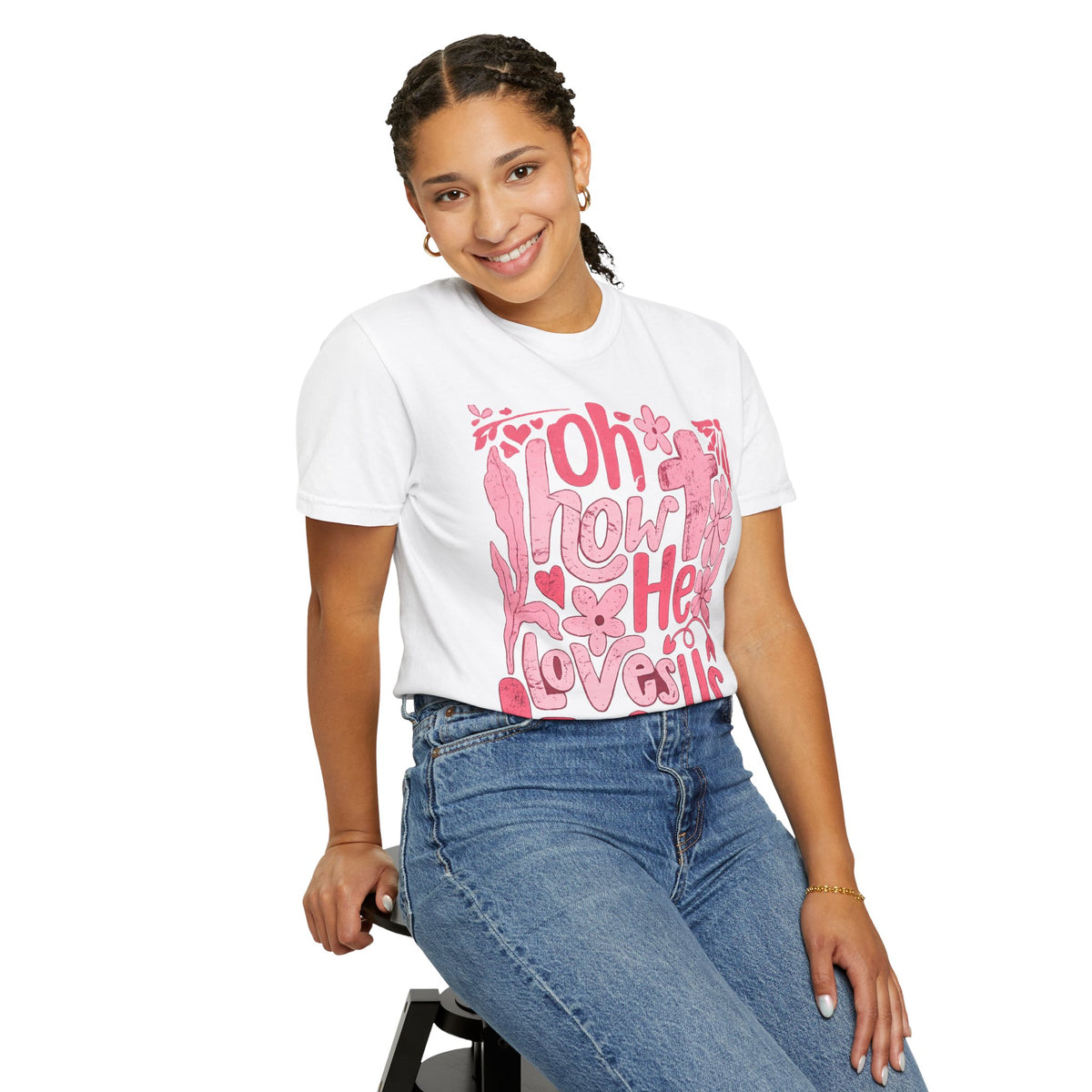Oh How He Loves Us T-Shirt — Pink Floral Christian Tee (Ephesians 2:4-8)