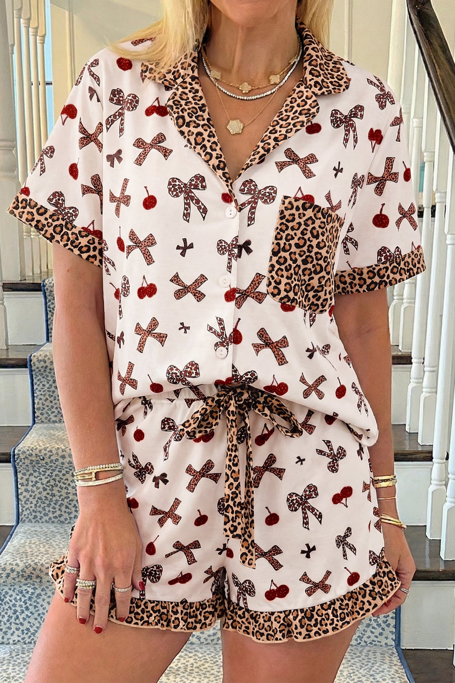White Chic Bow Cherry Printed Leopard Contrast Patchwork Shirt 2pcs PJ Set
