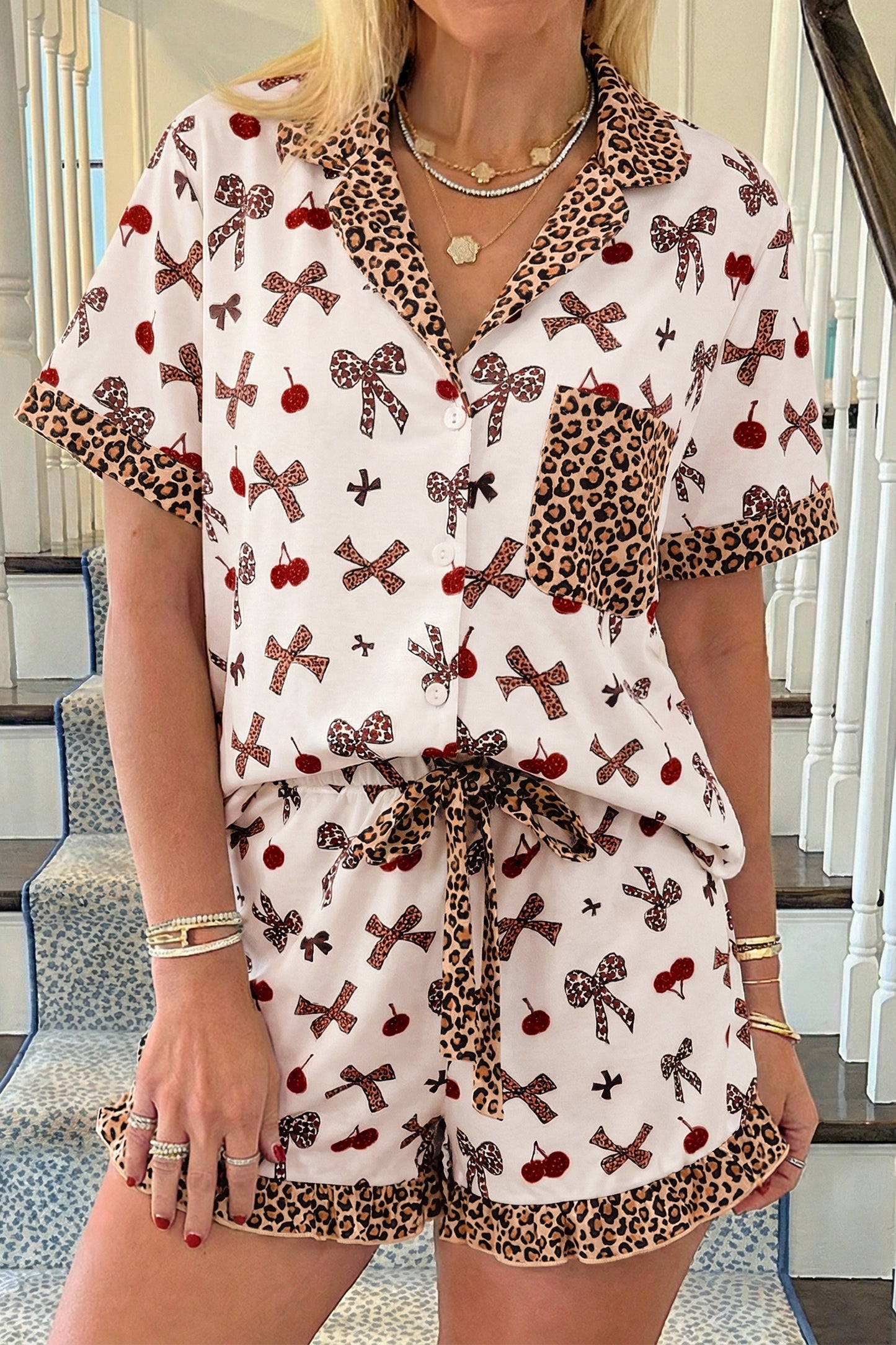White Chic Bow Cherry Printed Leopard Contrast Patchwork Shirt Drawstring Shorts 2pcs PJ Set