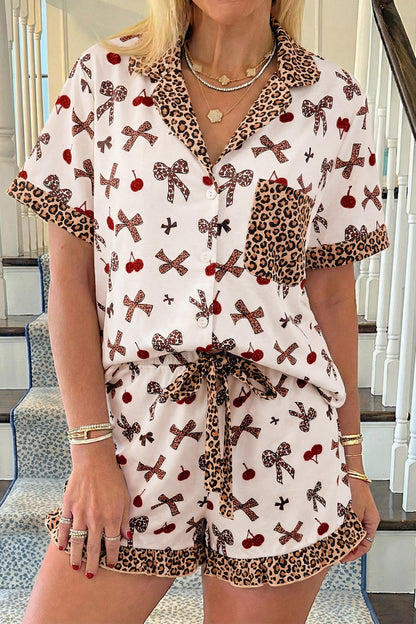 White Chic Bow Cherry Printed Leopard Contrast Patchwork Shirt Drawstring Shorts 2pcs PJ Set