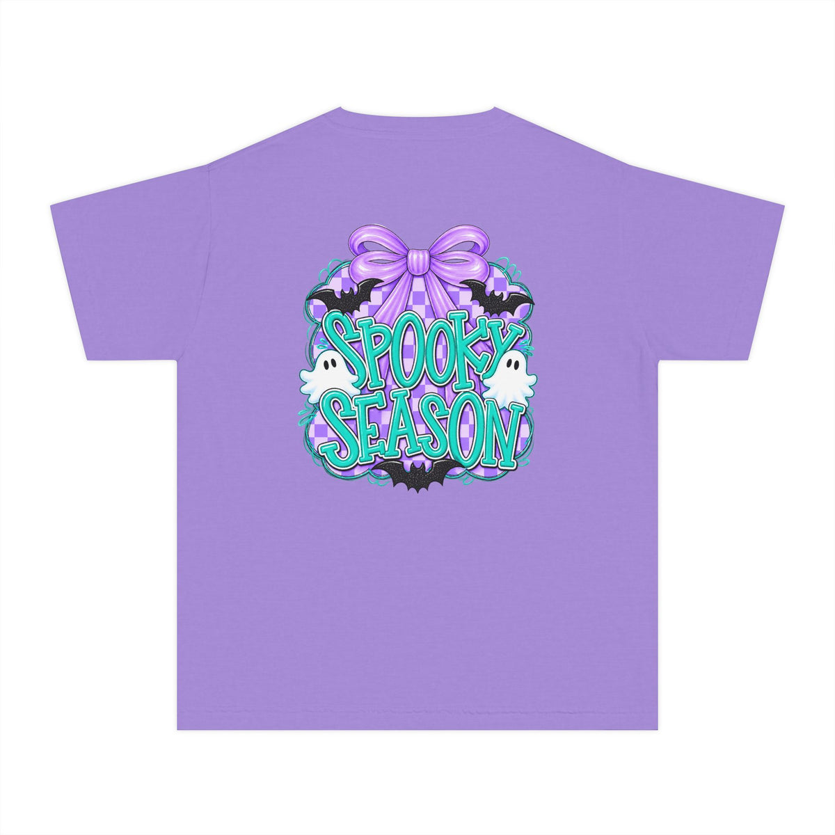 Youth Tee — "Spook Season" Ghost Wreath Halloween Shirt (Purple Bow)