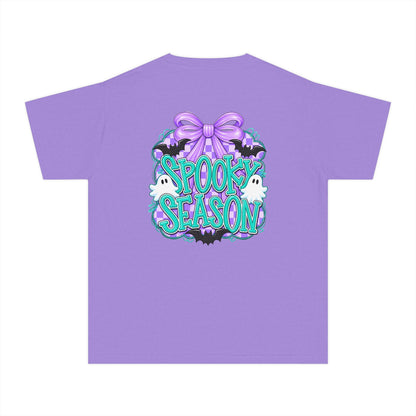 Youth Tee — "Spook Season" Ghost Wreath Halloween Shirt (Purple Bow)