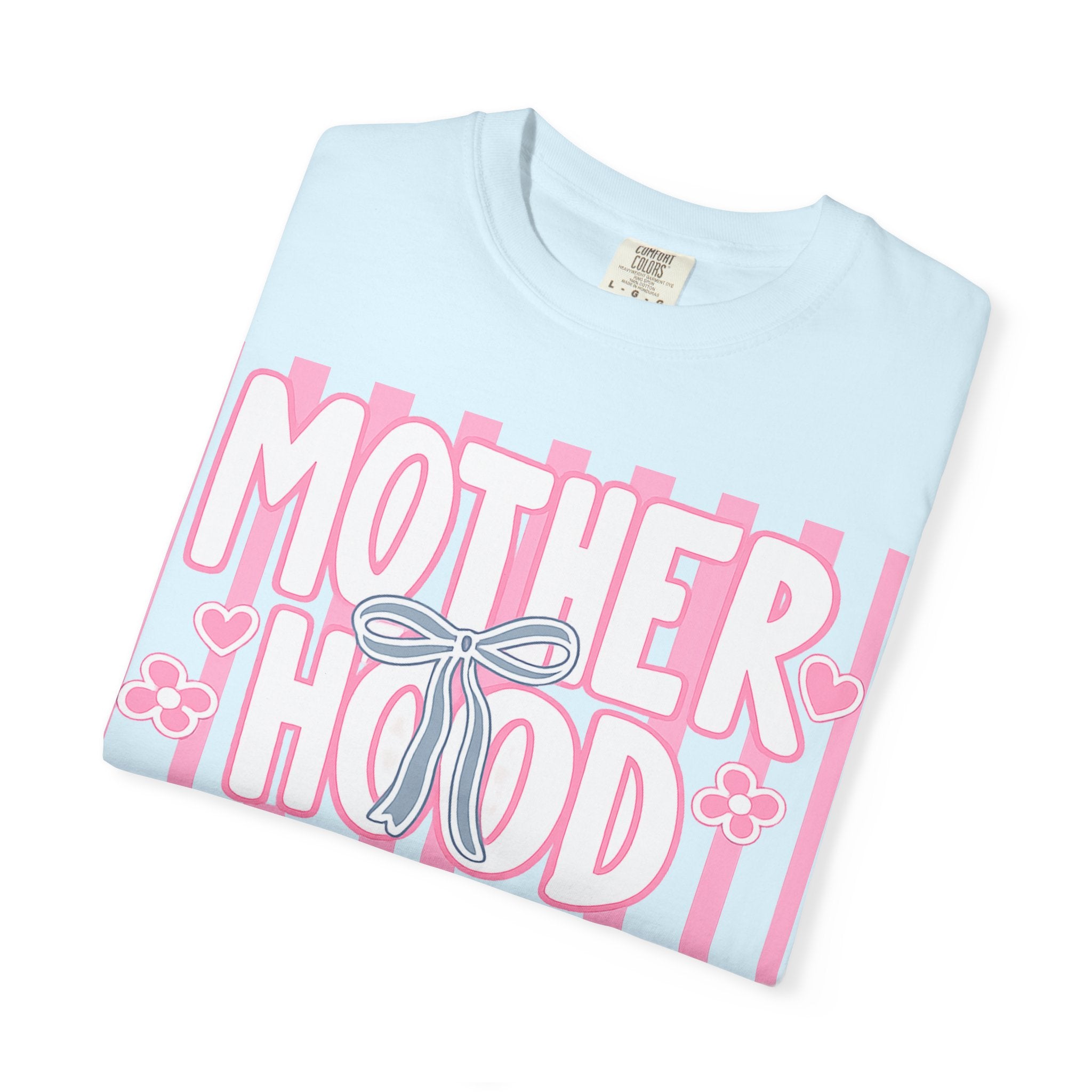 Motherhood Graphic T-Shirt — Pink Striped Mom Shirt ("MOTHERHOOD")