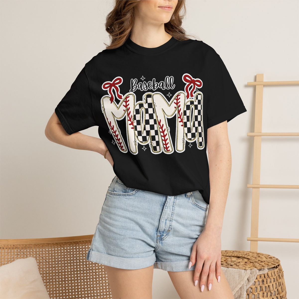 Baseball Mom T-Shirt — Vintage Checker & Stitch Graphic