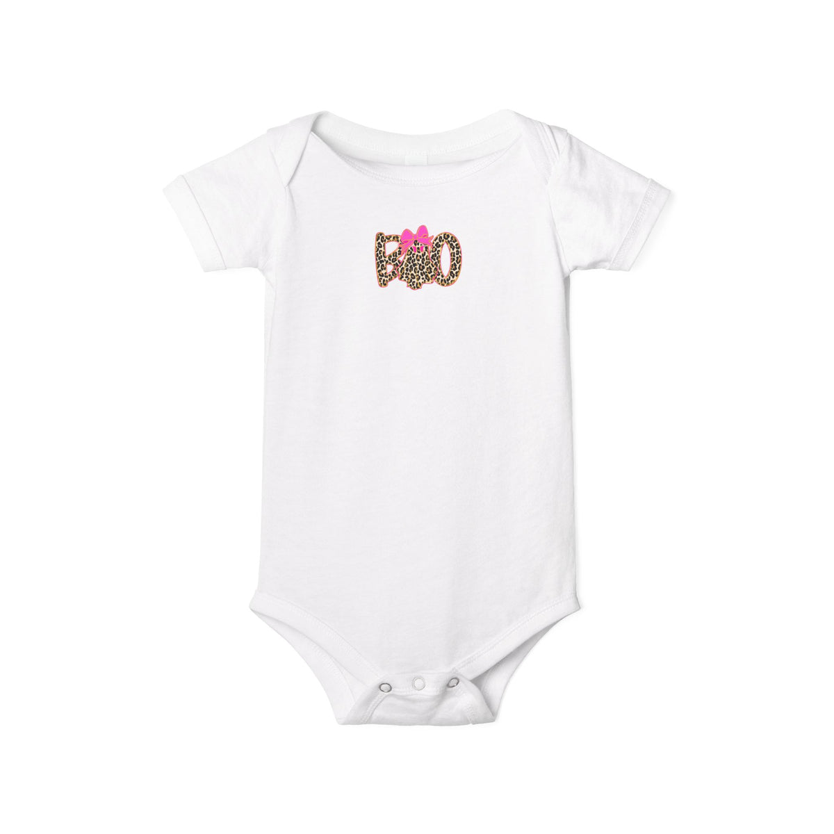 Infant One-Piece Bodysuit – Leopard 'Boo' with Pink Bow Baby Halloween Outfit