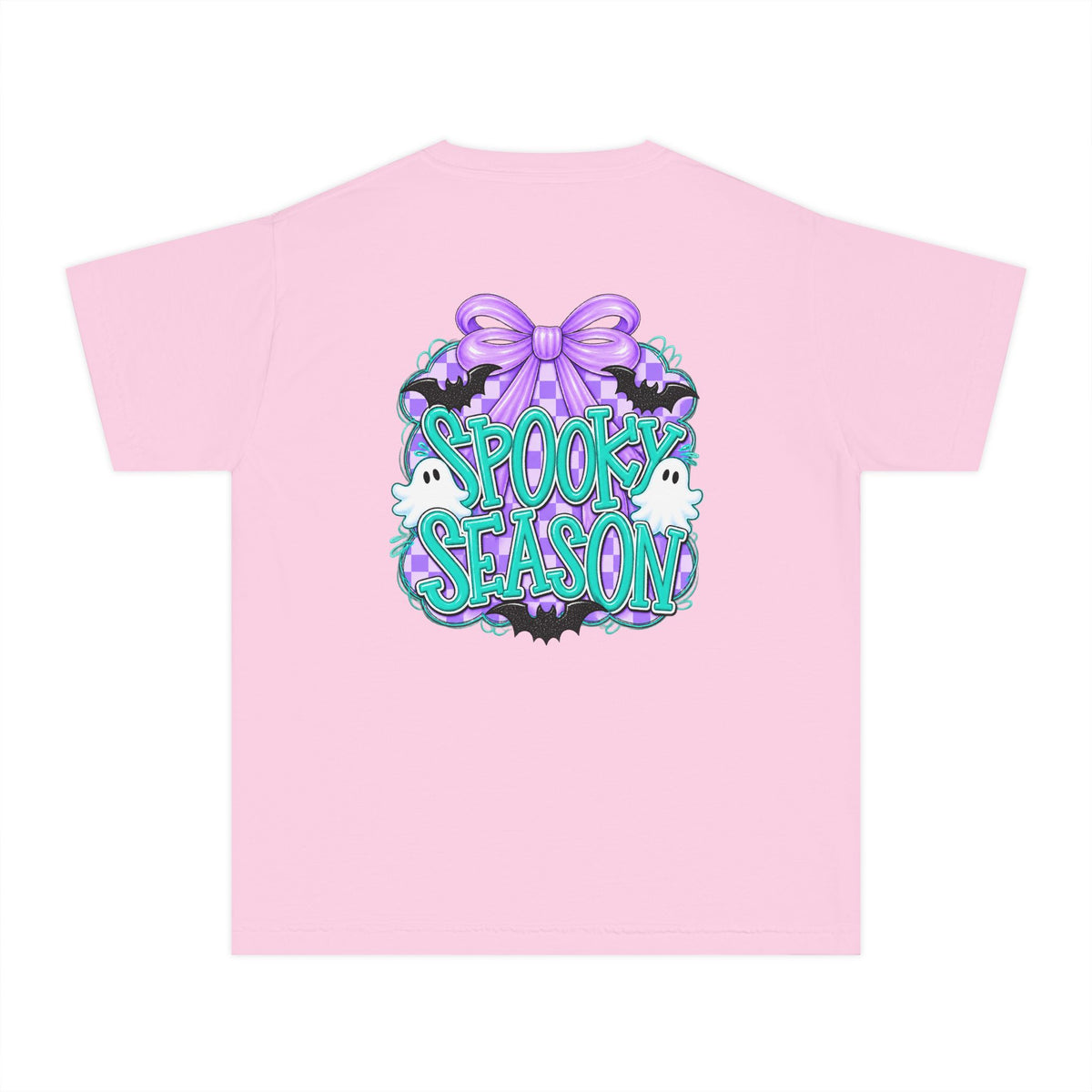 Youth Tee — "Spook Season" Ghost Wreath Halloween Shirt (Purple Bow)