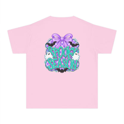 Youth Tee — "Spook Season" Ghost Wreath Halloween Shirt (Purple Bow)