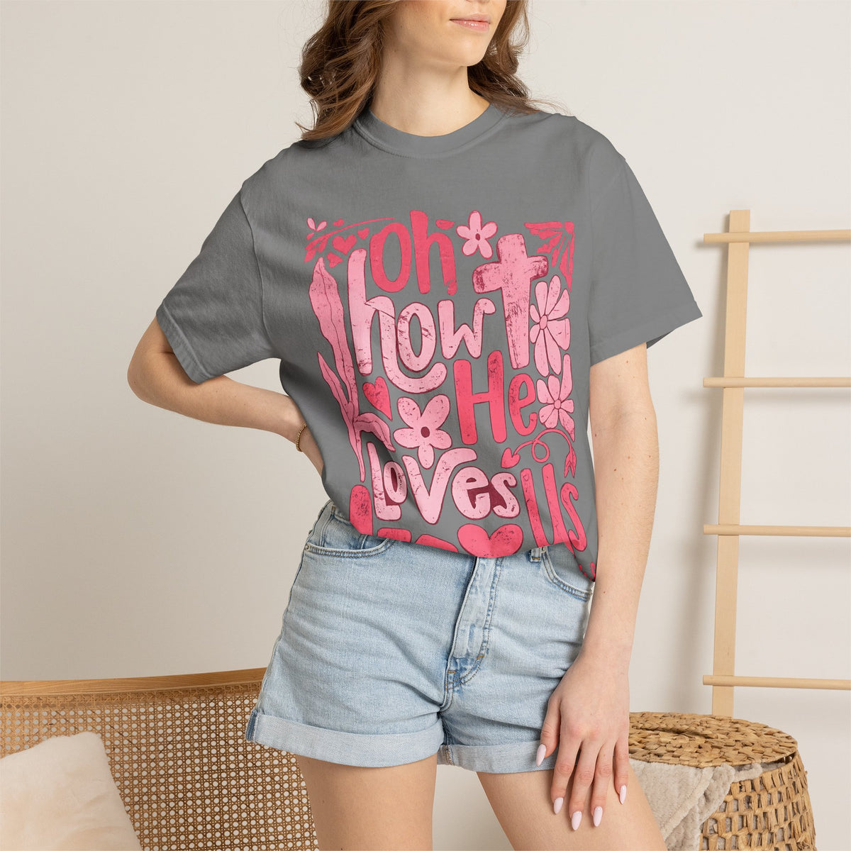 Oh How He Loves Us T-Shirt — Pink Floral Christian Tee (Ephesians 2:4-8)
