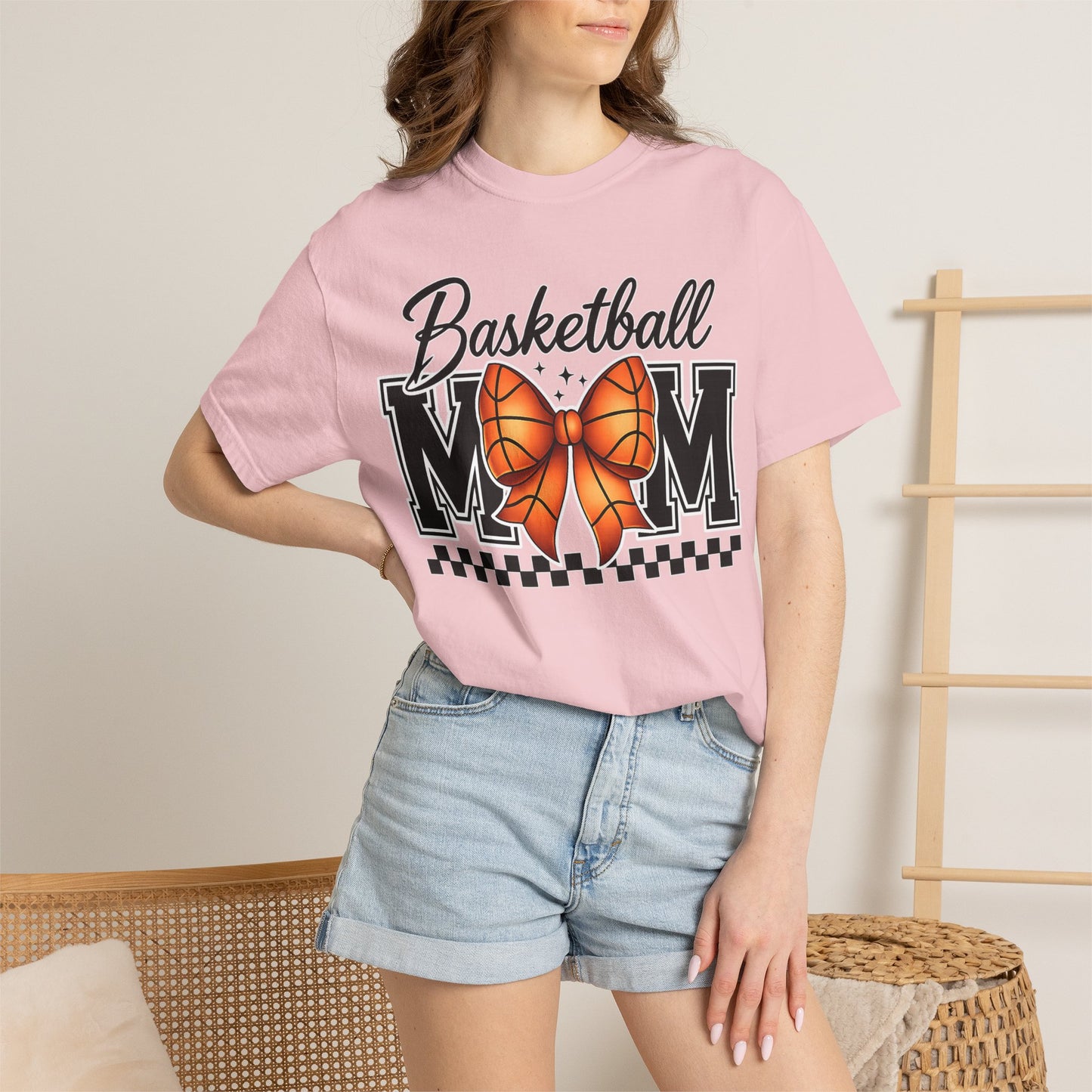 Basketball Mom T-Shirt — 'Basketball MOM' with Bow & Checkered Accent