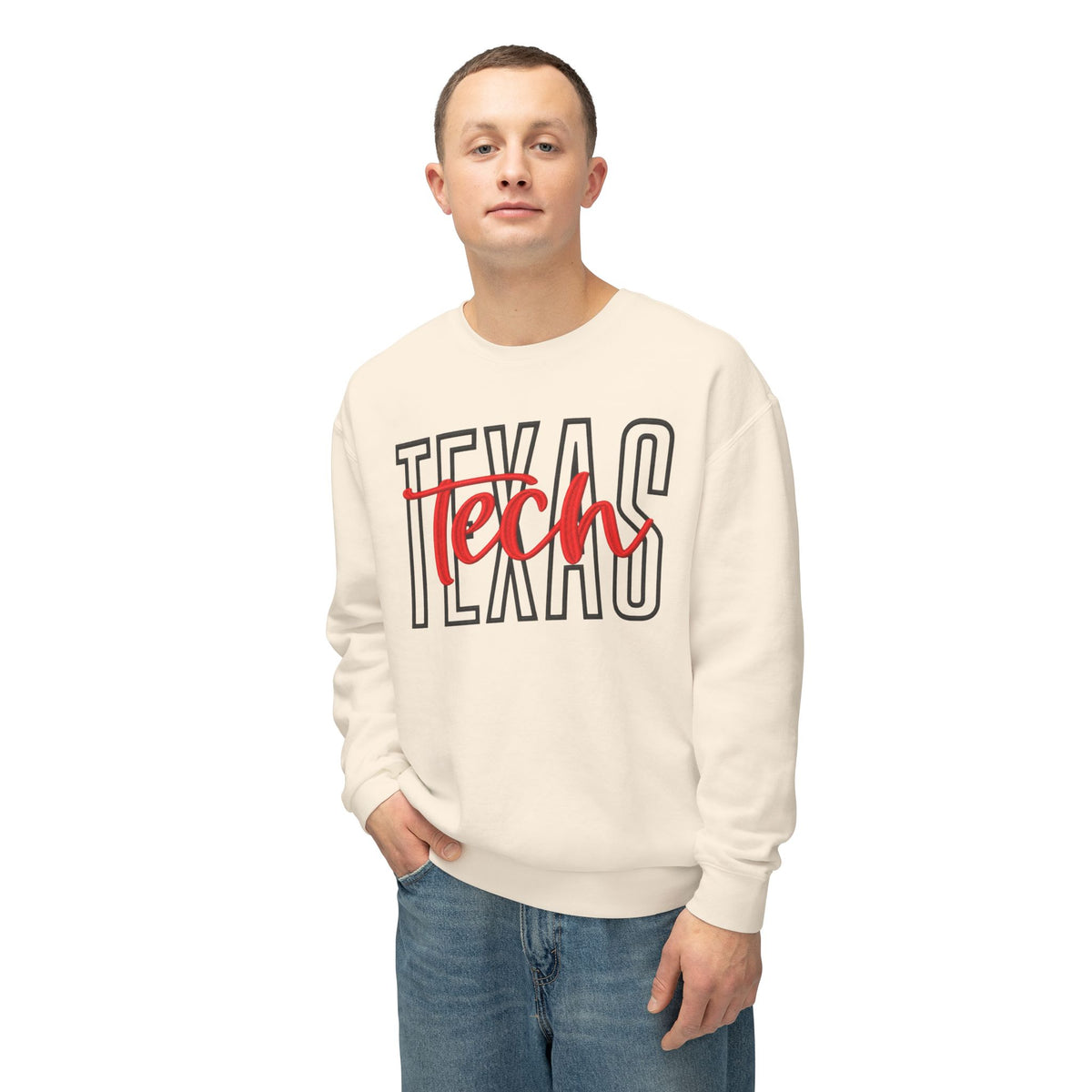 Texas Tech Crewneck Sweatshirt — 'Texas' Outline with Red "Tech" Script