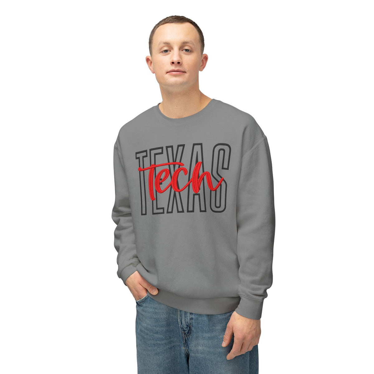 Texas Tech Crewneck Sweatshirt — 'Texas' Outline with Red "Tech" Script