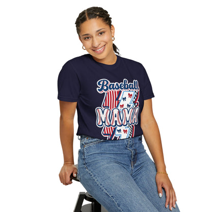Baseball Mama T-Shirt — Retro Red & Blue Patriotic Graphic Tee