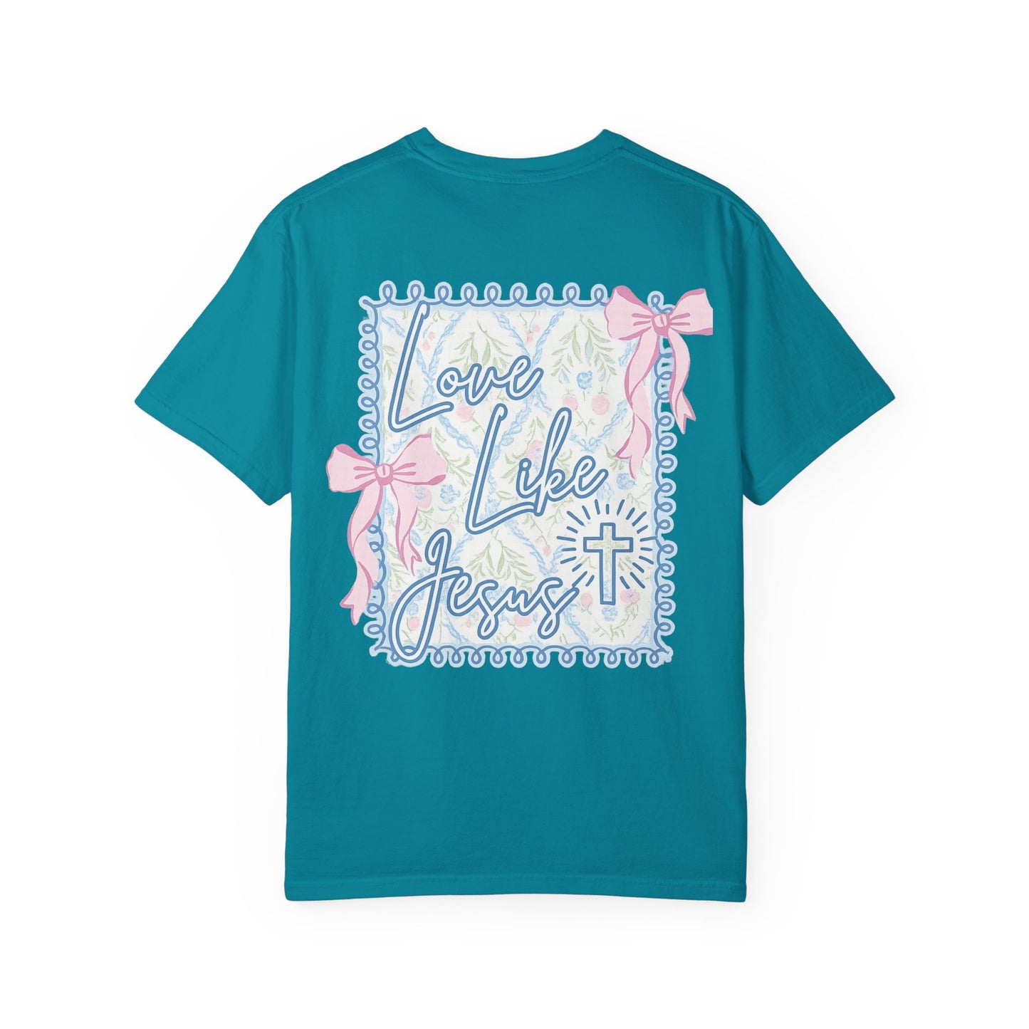T-shirt — "Love Like Jesus" Pastel Cross & Bow Graphic