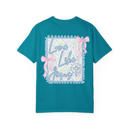 T-shirt — "Love Like Jesus" Pastel Cross & Bow Graphic