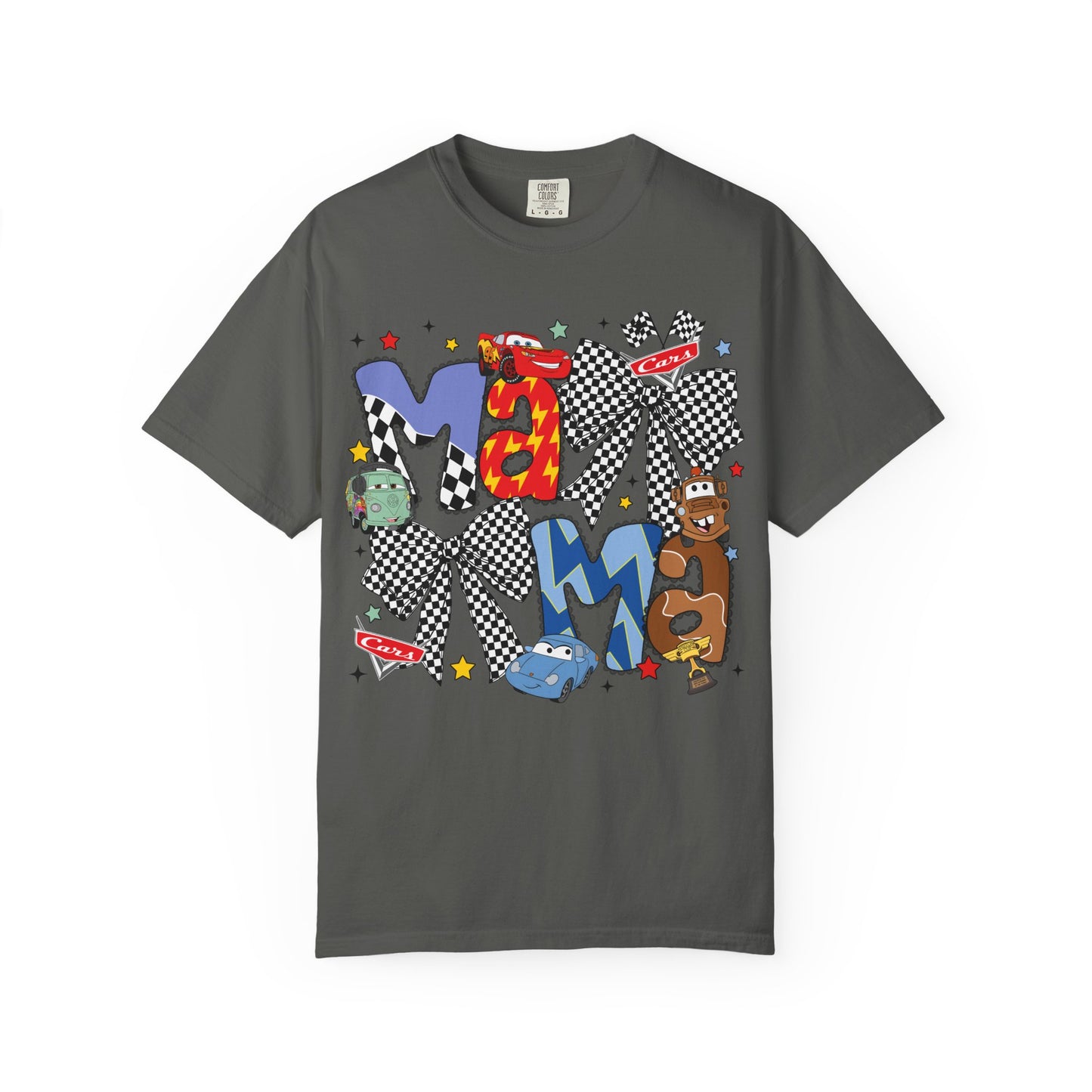 Graphic Tee — Playful 'MAMA' Cartoon Letter Shirt with Checkerboard Bows