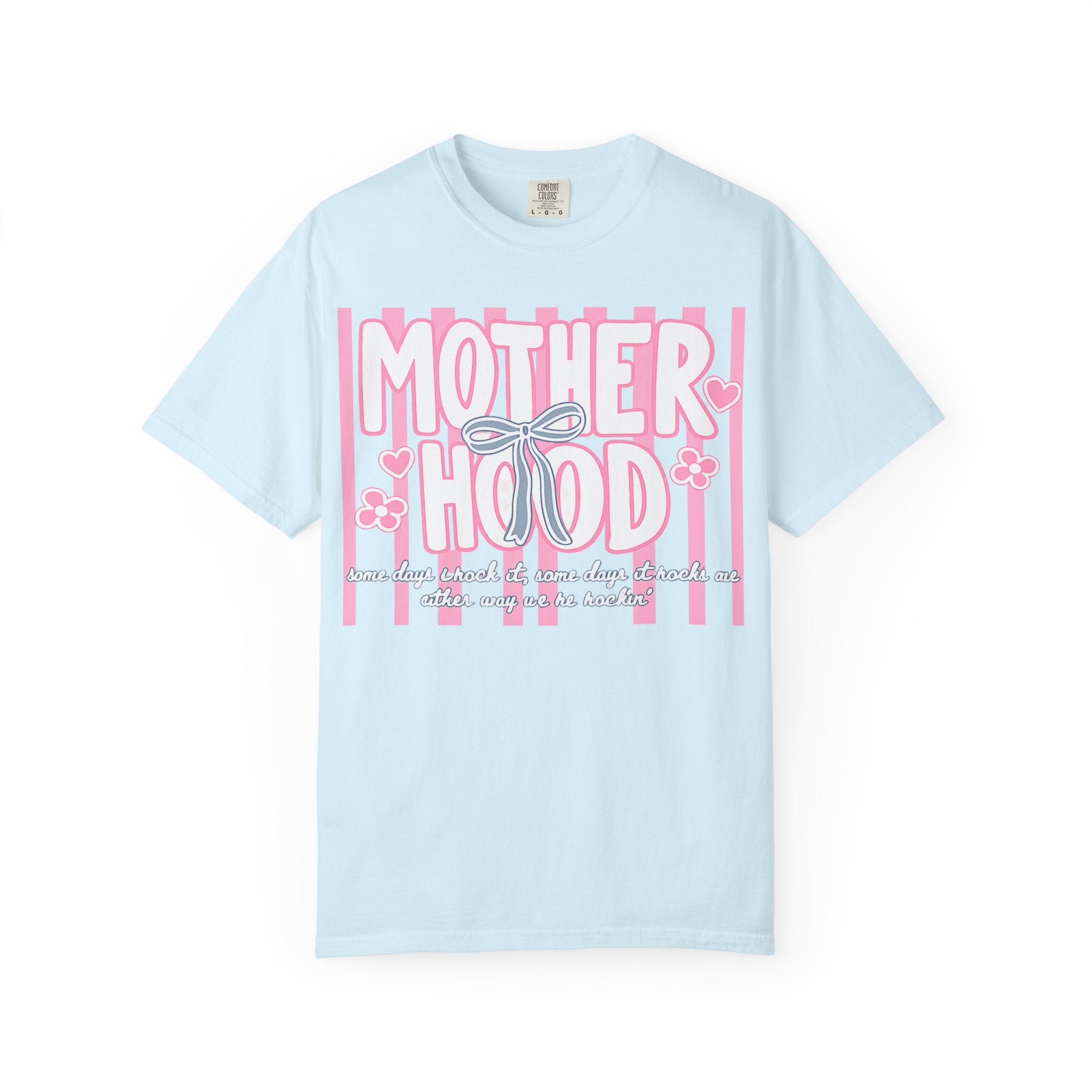Motherhood Graphic T-Shirt — Pink Striped Mom Shirt ("MOTHERHOOD")