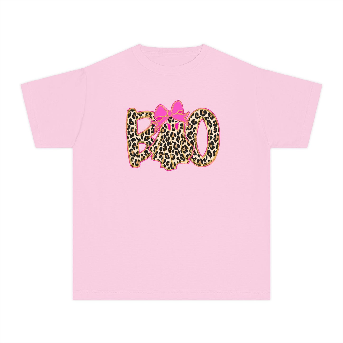 Kids Halloween Tee - Leopard Print 'BOO' with Pink Bow