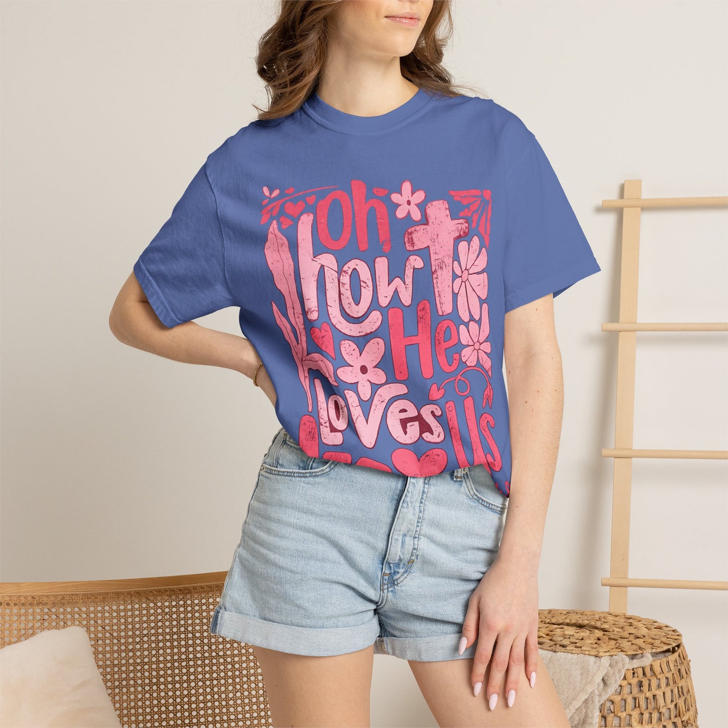 Oh How He Loves Us T-Shirt — Pink Floral Christian Tee (Ephesians 2:4-8)