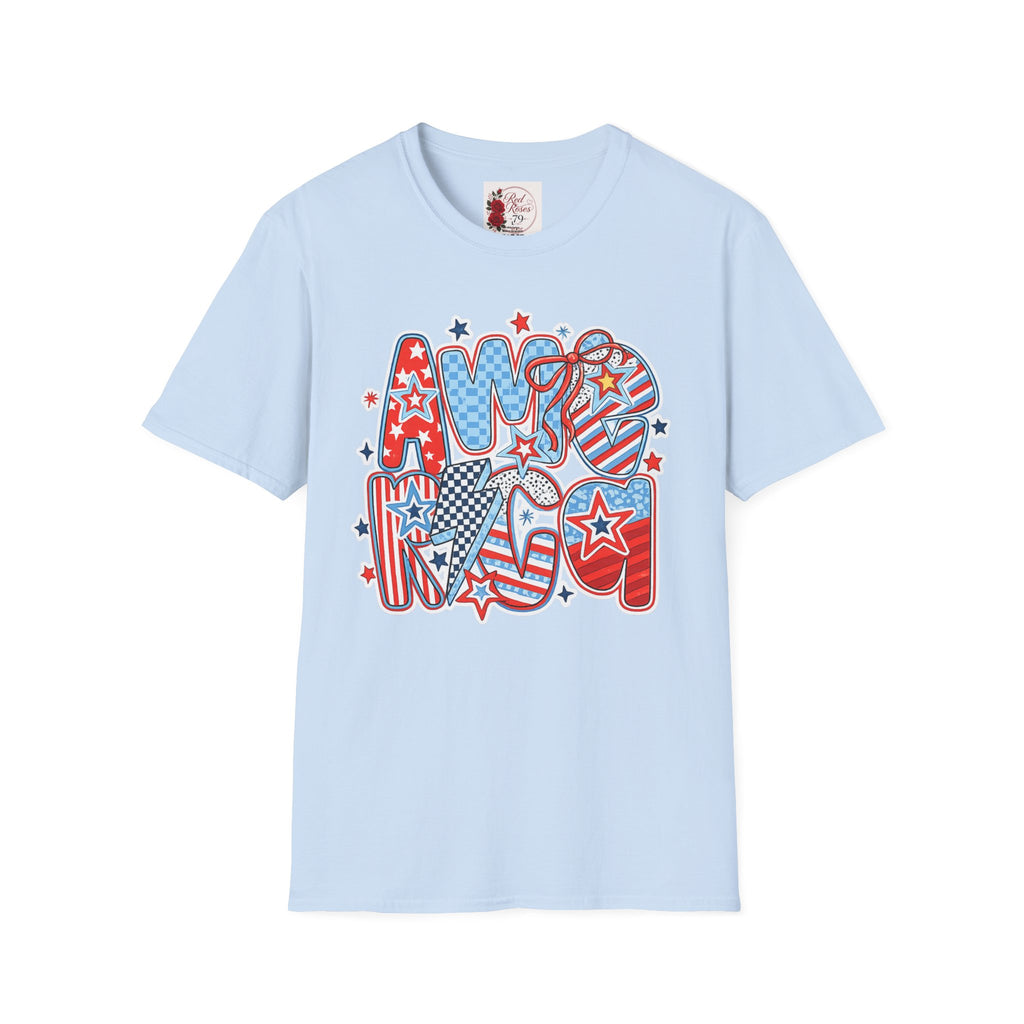 Patriotic AMERICA Graphic T-Shirt — Red White Blue Stars & Stripes Tee