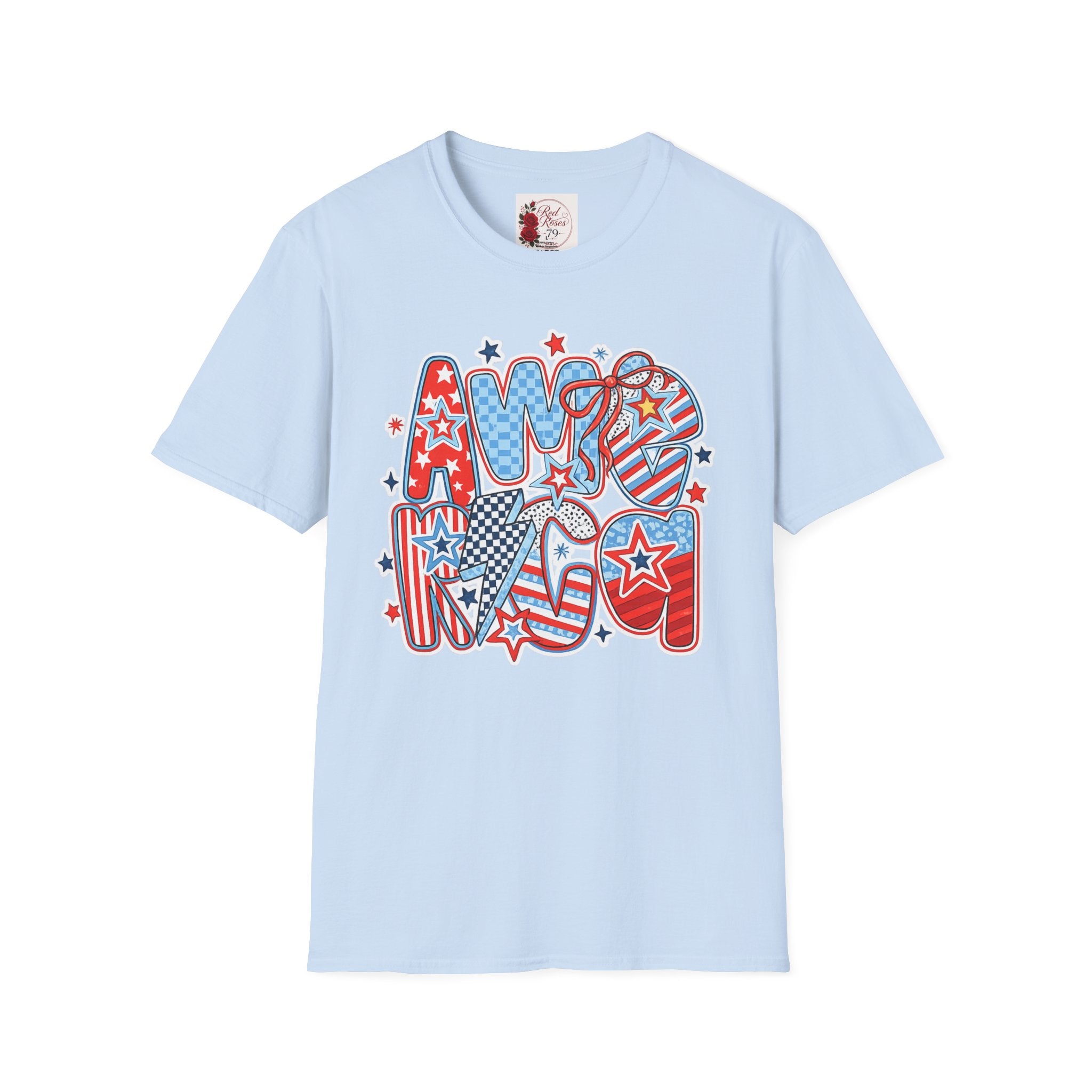 Patriotic AMERICA Graphic T-Shirt — Red White Blue Stars & Stripes Tee