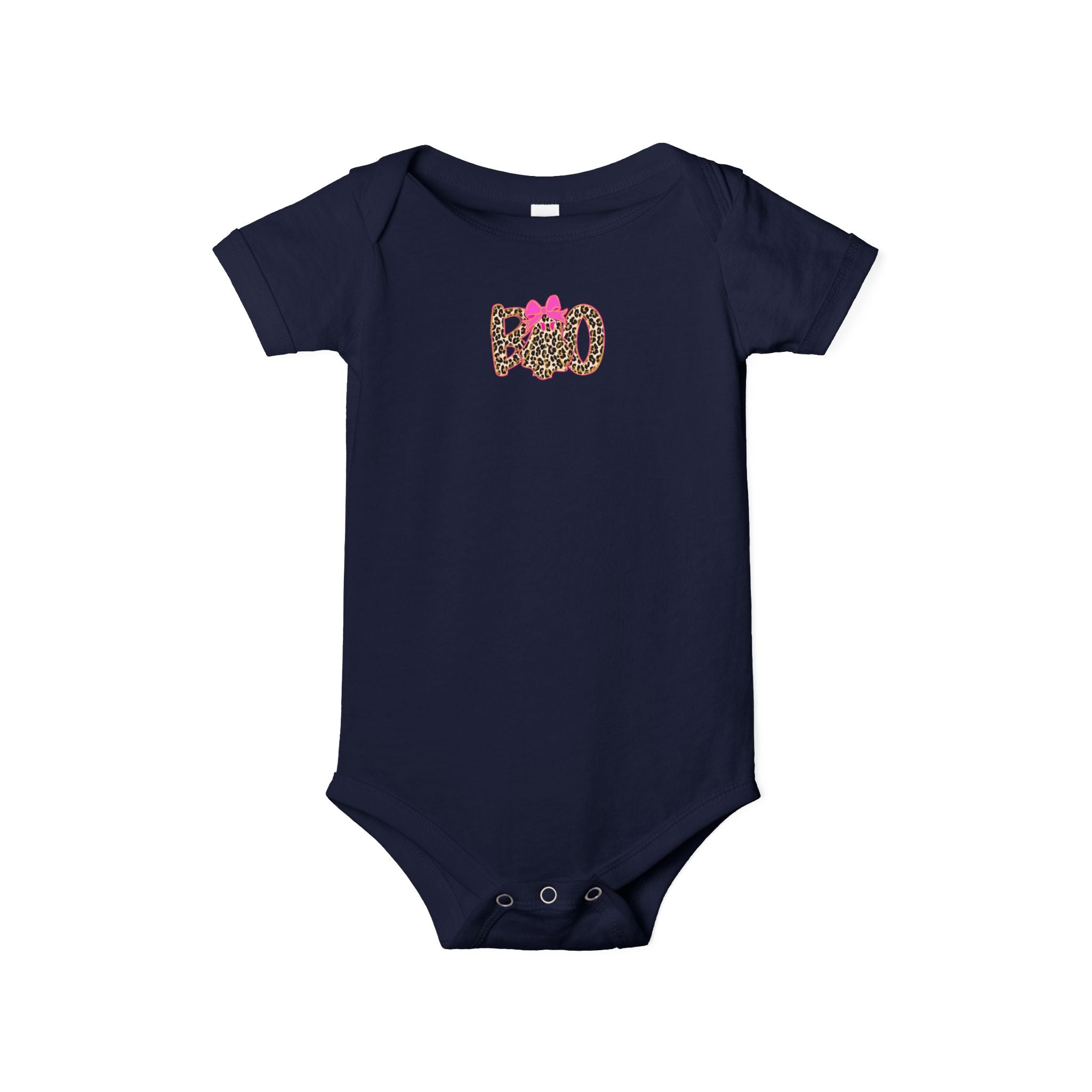 Infant One-Piece Bodysuit – Leopard 'Boo' with Pink Bow Baby Halloween Outfit
