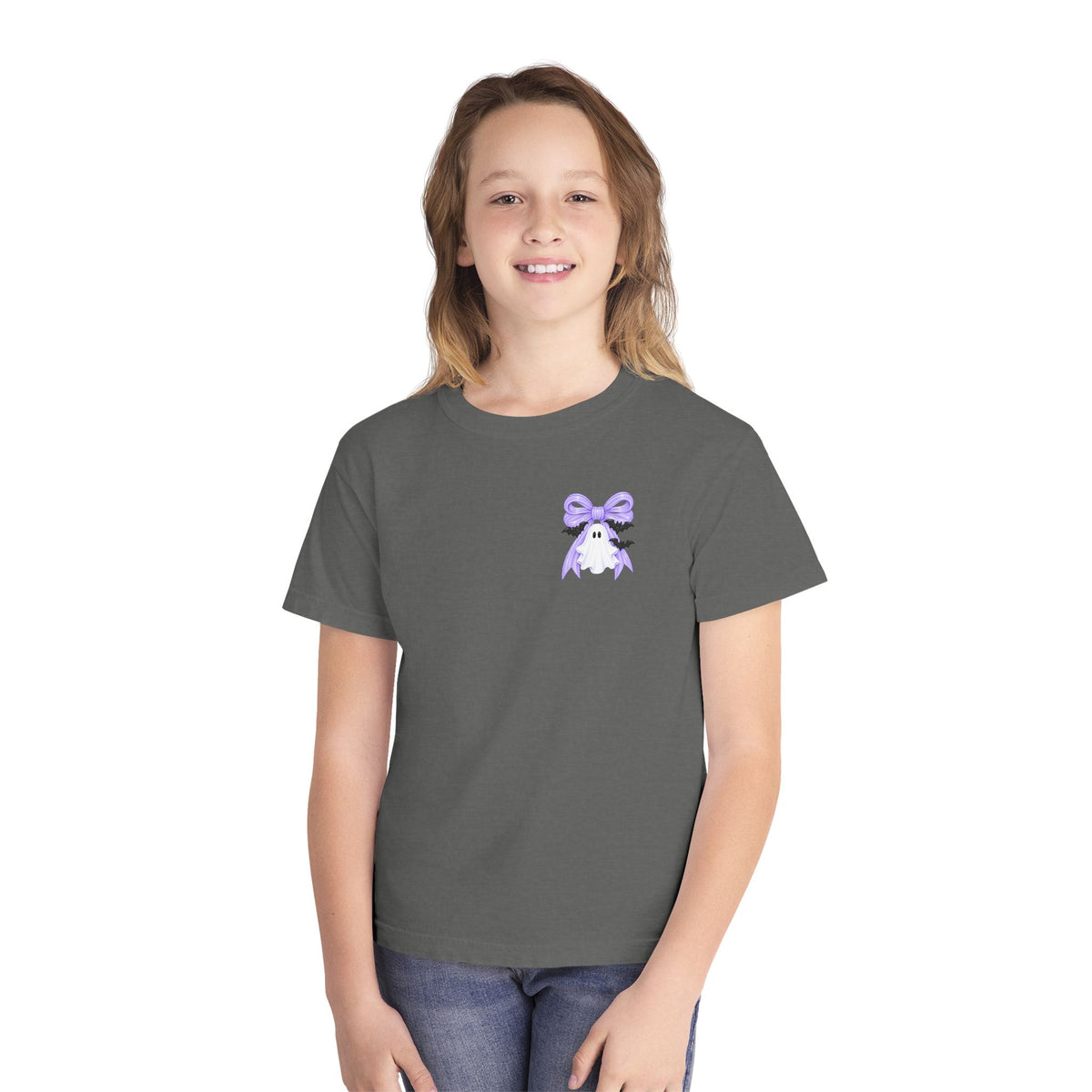 Youth Tee — "Spook Season" Ghost Wreath Halloween Shirt (Purple Bow)