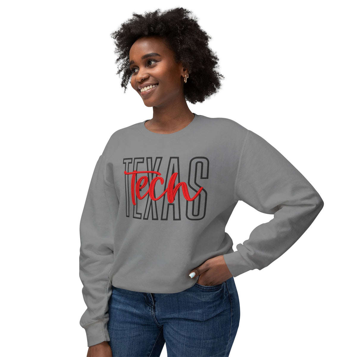 Texas Tech Crewneck Sweatshirt — 'Texas' Outline with Red "Tech" Script
