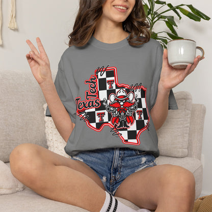 Texas Checkered Bull T-Shirt — Retro Cowboy State Graphic Tee