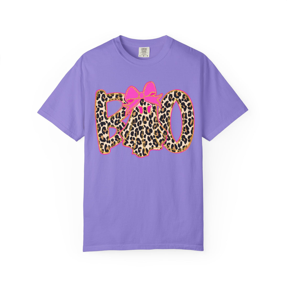 Leopard Print 'BOO' Halloween T-Shirt with Pink Bow
